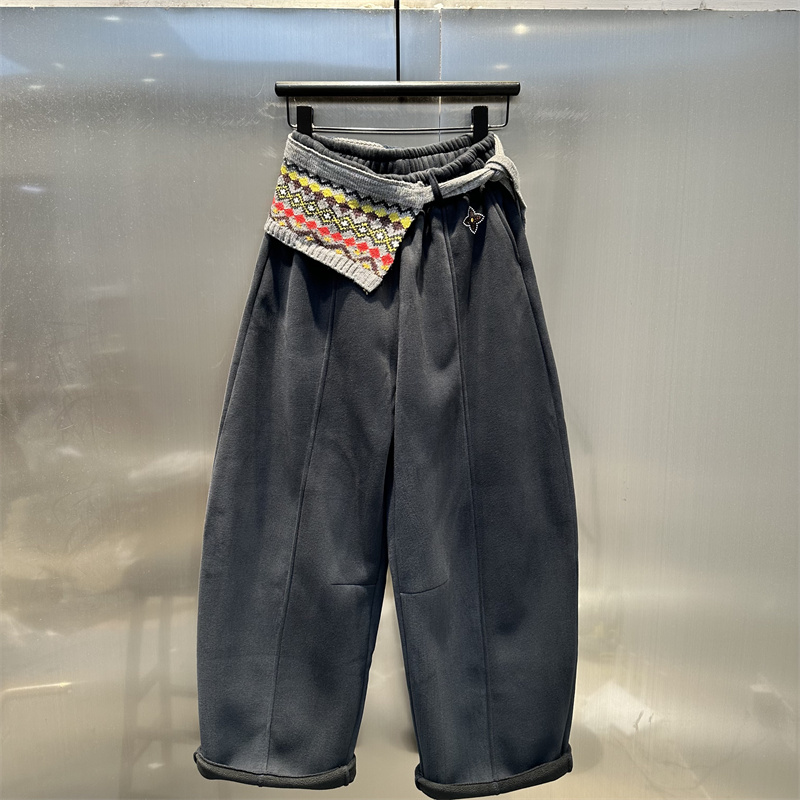 名族风复古针织腰带休闲弯刀裤女2025年秋冬新款加绒保暖阔腿长裤