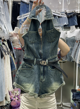 复古露背挂脖时尚牛仔连体裤新款无袖翻领拉链高腰修身显瘦短裤