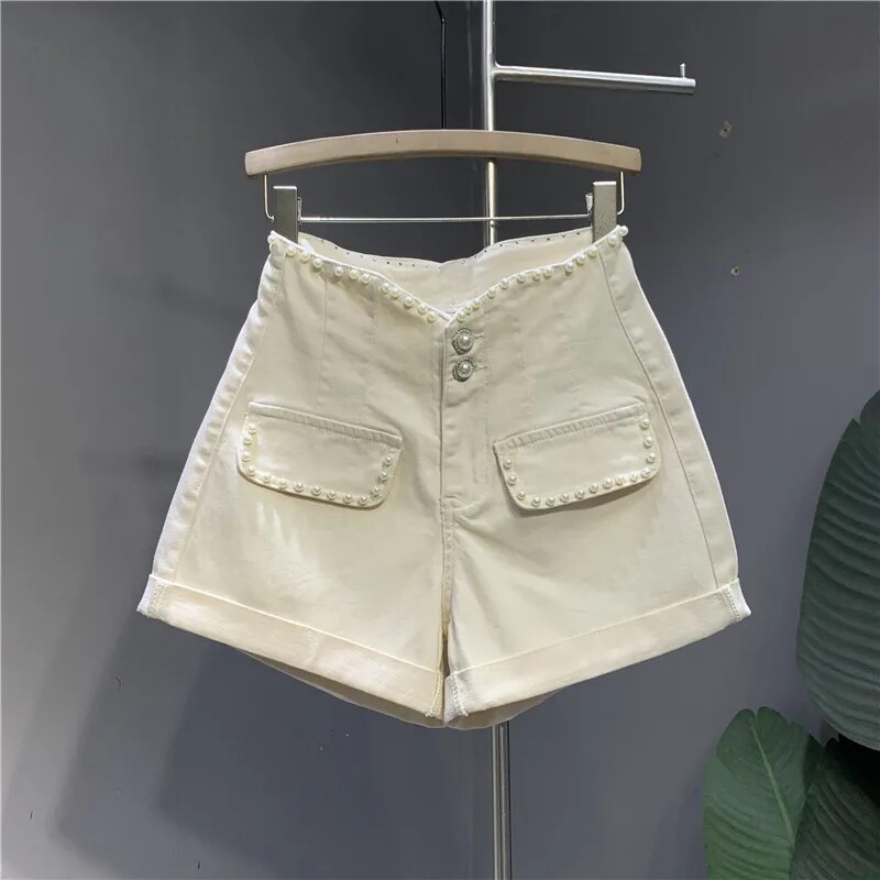 杏色卷边高腰牛仔短裤女夏珍珠设计直筒宽松百搭休闲a字阔腿热裤