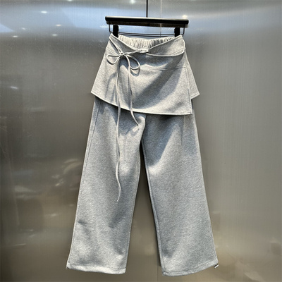 韩版2025年春季新款浅灰色时尚垂感阔腿裤两穿法屁帘直筒休闲卫裤