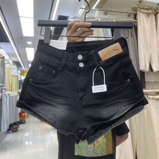 微弹显瘦A字型水洗黑色时尚牛仔女短裤双扣子高腰辣妹设计感潮流