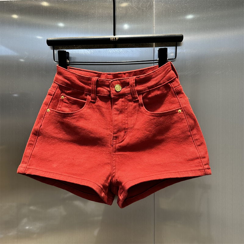 欧美红色高腰牛仔短裤女夏天时尚宽松洋气休闲水洗a字阔腿热裤子