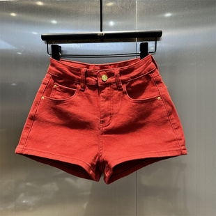 欧美红色高腰牛仔短裤 子 女夏天时尚 宽松洋气休闲水洗a字阔腿热裤