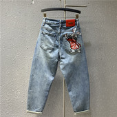 新款 卡通兔子重工刺绣牛仔哈伦裤 宽松大码 原创潮牌2024年春季 垮裤