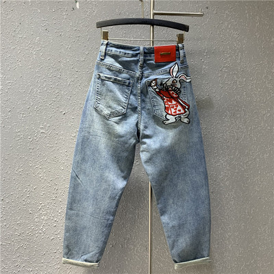 重工刺绣牛仔哈伦裤宽松大码垮裤