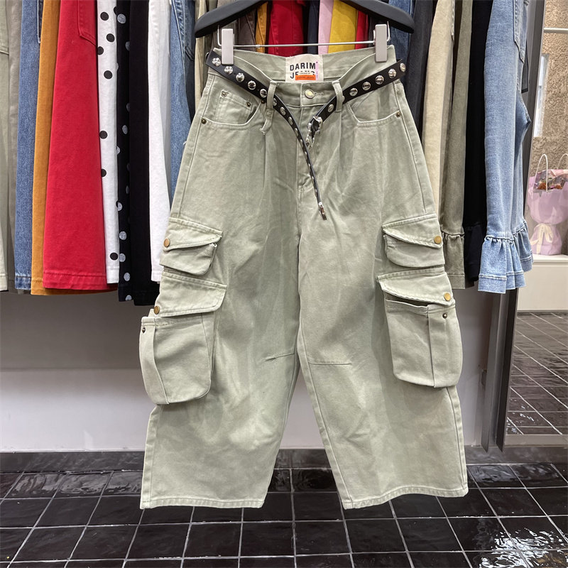 美式军绿色洋气多口袋设计感工装牛仔裤女2026年春季新款牛仔裤子