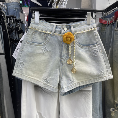 韩版2026年夏季新款浅蓝色高腰牛仔短裤弹力紧身阔脚a字热裤