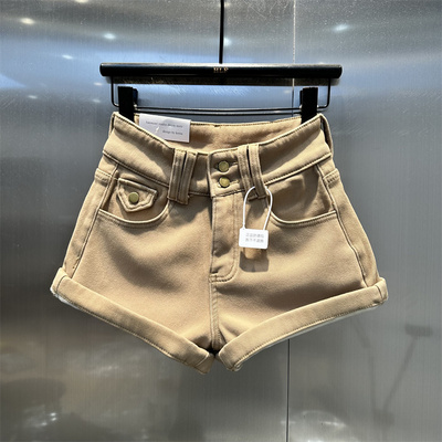 卡其色加绒加厚辣妹牛仔短裤女2025年秋冬新款双扣高腰时尚阔腿裤