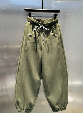 暗绿色抽绳高腰束脚弯刀裤女2025秋冬新款加绒加厚小众时髦运动裤