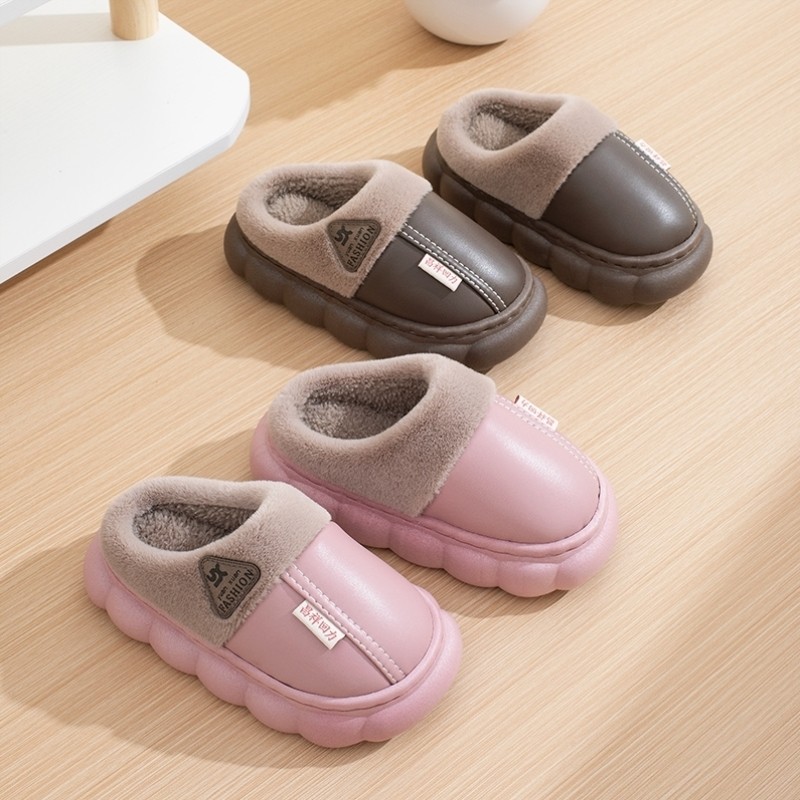 防水儿童棉拖鞋秋冬季男童女孩厚底防滑室内加绒保暖PU皮包跟棉鞋