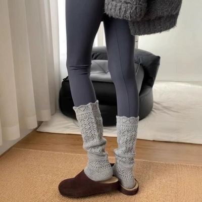 灰色毛线袜子女秋冬小腿袜堆堆配鲨鱼裤的袜子加厚保暖镂空长筒袜
