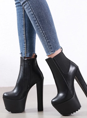 新款女神百搭黑色女靴子16CM弹力瘦瘦粗高跟防水台短靴子34-40码