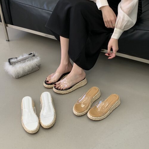 2026新款透明高跟凉鞋女夏季新款时尚草编露趾厚底坡跟一字拖鞋