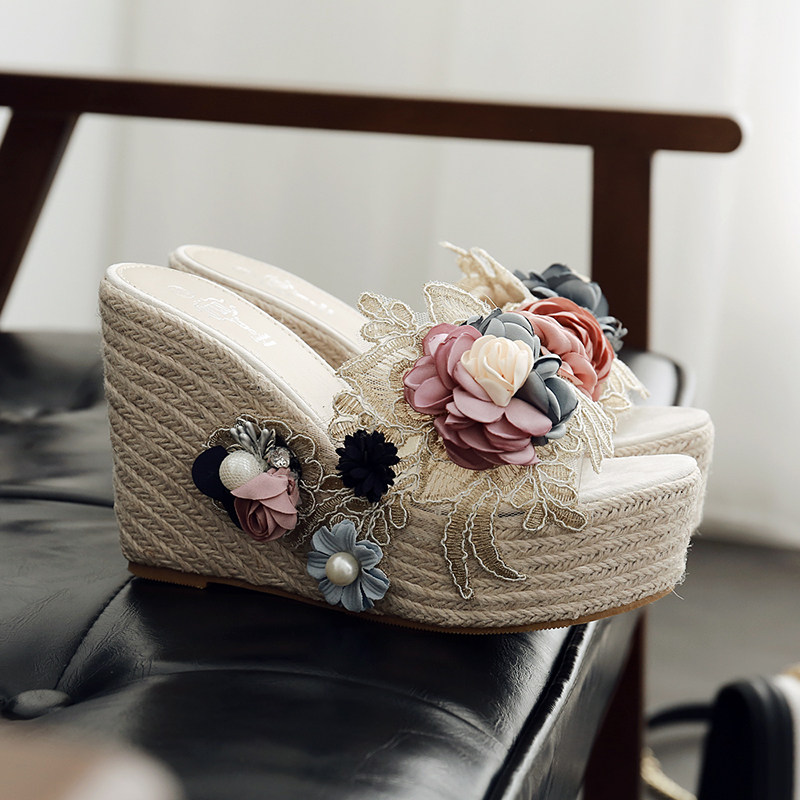 夏季新款花朵麻绳珍珠田园风坡跟厚底高跟拖鞋女麻绳编织拖鞋