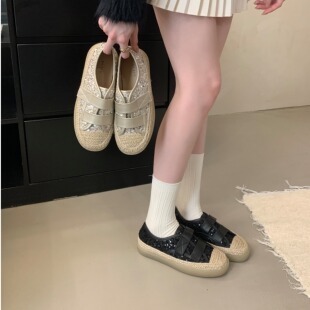 韩系法式仙女休闲一脚蹬平底女单鞋亮片魔术贴草编麻绳厚底渔夫鞋