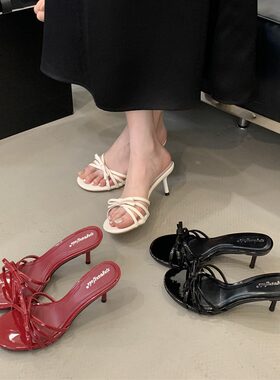 新款蝴蝶结露趾凉拖鞋女夏2026细带组合外穿细跟时尚高跟鞋