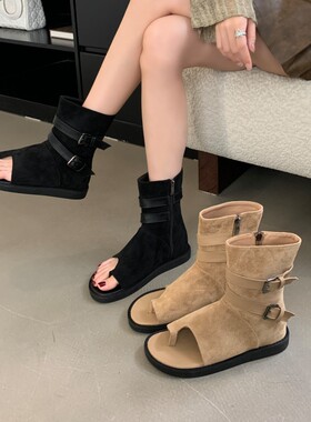 2024夏季新款套趾凉靴舒适低跟平底女鞋高帮中筒罗马凉鞋女