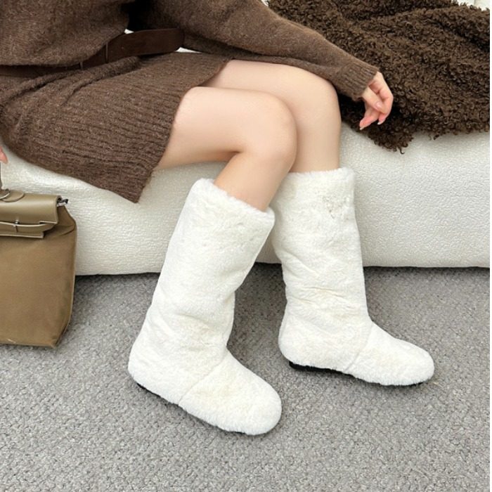 2025秋冬新款毛毛加绒长靴女一脚蹬中高筒棉靴子平底雪地靴,女鞋,时装靴,淘宝优惠券,粉丝福利购,淘宝优惠卷