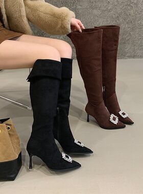 高筒靴气质尖头水钻方扣过膝长靴女可多穿细高跟美式瘦瘦长筒靴