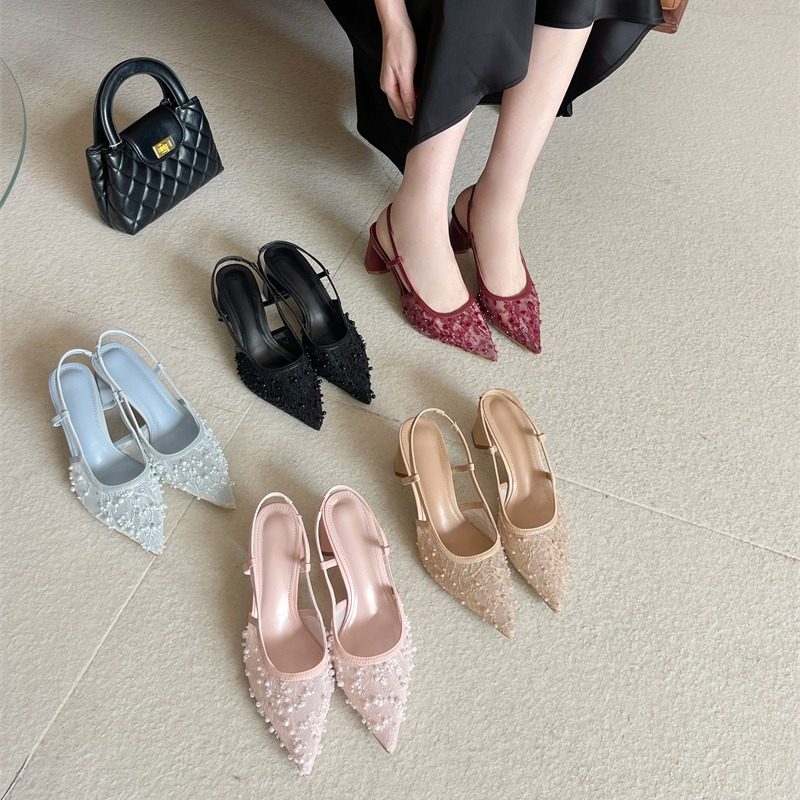 2026年春夏季新款蕾丝串珠淑女高跟鞋粗跟尖头名媛气质女凉鞋,女鞋,时装凉鞋,淘宝优惠券,粉丝福利购,淘宝优惠卷