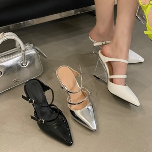 包头半拖鞋 外穿时尚 水晶跟坡跟百搭尖头女凉鞋 T台走秀高跟鞋