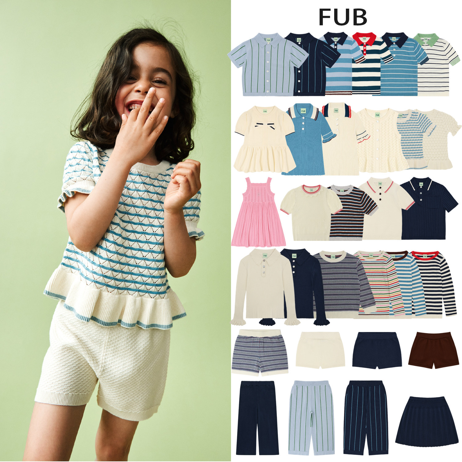 26SS新款丹麦FUB儿童针织衫短袖POLO短裤长袖打底条纹纯色男女