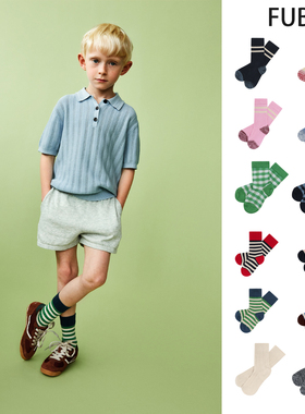 26SS新款丹麦FUB儿童短袜方格条纹百搭棉袜舒适透气简约纯色学生