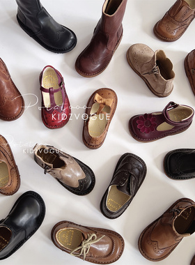 7Z 24AW意大利Eureka儿童手工皮鞋长筒靴T字一脚蹬花朵纯皮