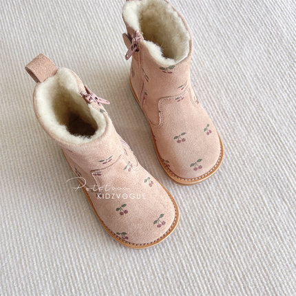 7Z 24AW丹麦Konges Slojd KS儿童棉靴羊毛内里粉色樱桃短靴保暖女