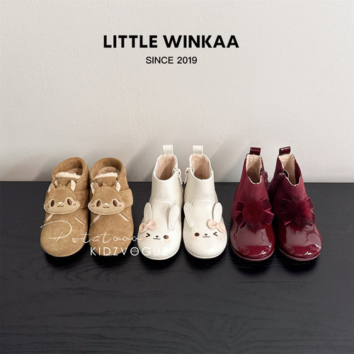 85折25AW西班牙Little Winkaa LW儿童短靴加绒保暖可爱兔子圣诞红