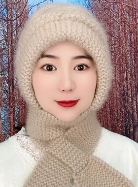 冬季新款桂花针麻花风雪帽女秋冬加厚围巾一体编织连体针织毛线帽