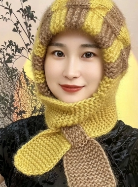 帽子围巾一体女冬2025新款编织棋盘围脖风雪帽保暖针织毛线帽加厚