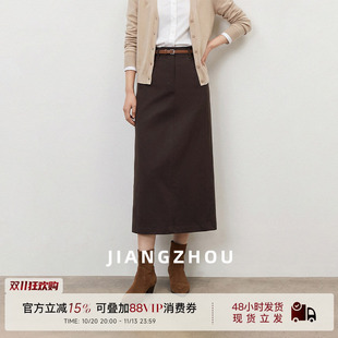 江洲JIANGZ 秋季新款复古通勤咖色半身裙女高腰中长款a字直筒裙子
