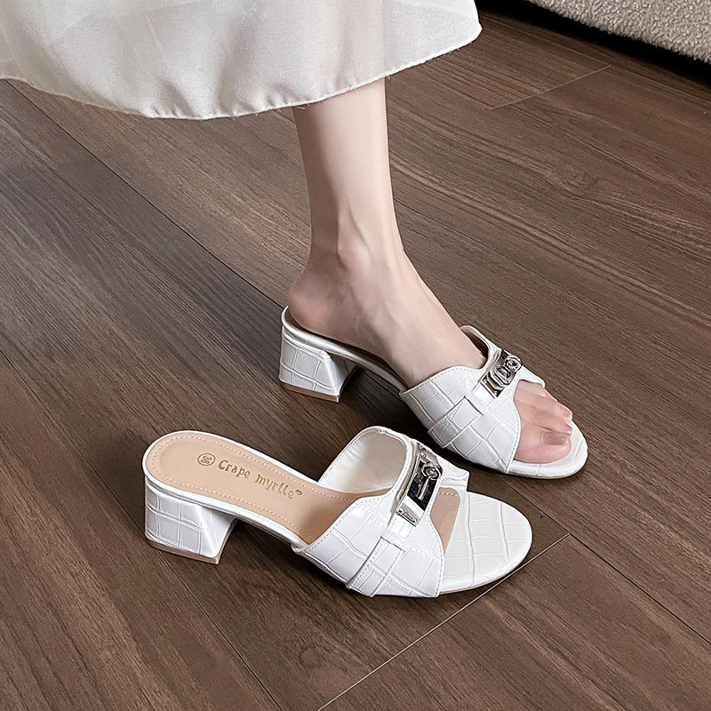 羊皮版~5CM粗跟法式拖鞋女夏外穿小众时尚中跟高跟真皮凉拖一字拖