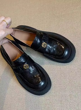 牛皮版~复古山茶花粗跟乐福鞋女真皮圆头一脚蹬英伦风厚底小皮鞋