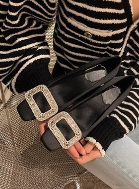 rv方扣水钻粗跟单鞋女2025新款春秋法式黑色工作通勤方头中高跟鞋