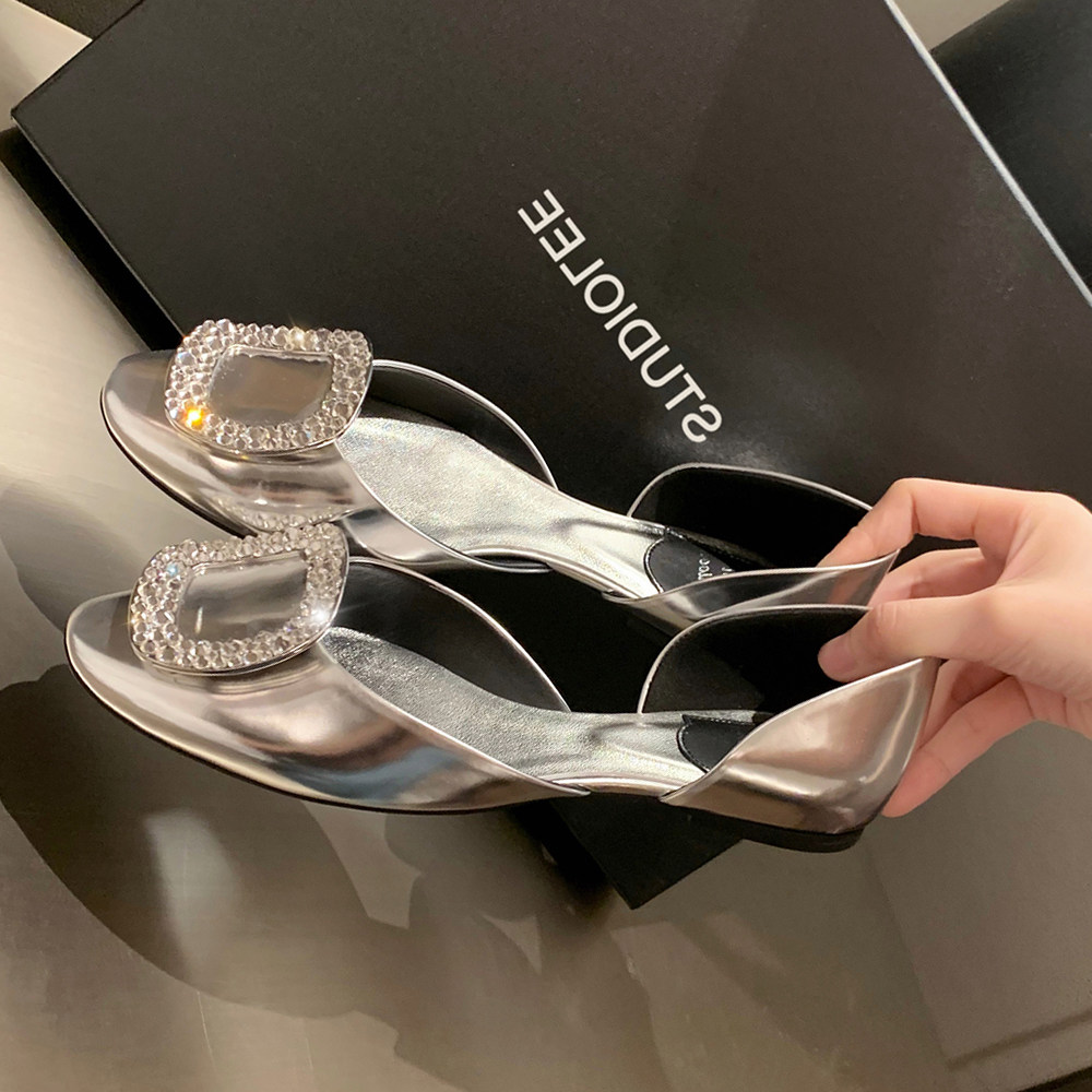 葡萄妈studiolee 法式方钻扣百搭中空圆头平底浅口真丝单鞋女夏季