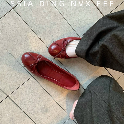 真皮法式复古蝴蝶结玛丽珍单鞋