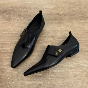 羊皮版~复古山茶花尖头乐福鞋女欧美风粗跟百搭一脚蹬小皮鞋单鞋