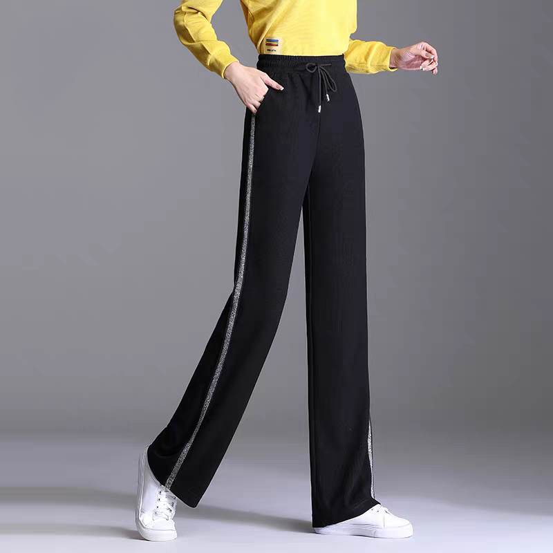 黑色窄版阔腿裤子女春秋2026新款高腰直筒条纹休闲运动裤卫裤加绒