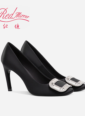 2025新款rv高跟鞋方扣钻扣单鞋缎面浅口圆头王曼妮同款中跟职业鞋
