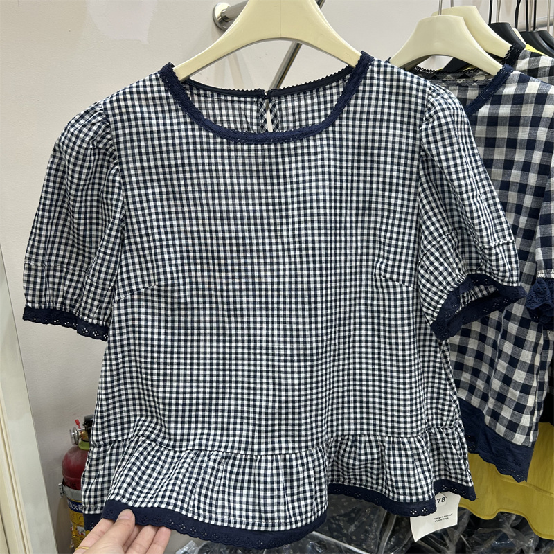 韩系2025夏季百搭圆领拼接蕾丝花边小衫娃娃衫女宽松显瘦短袖衬衫