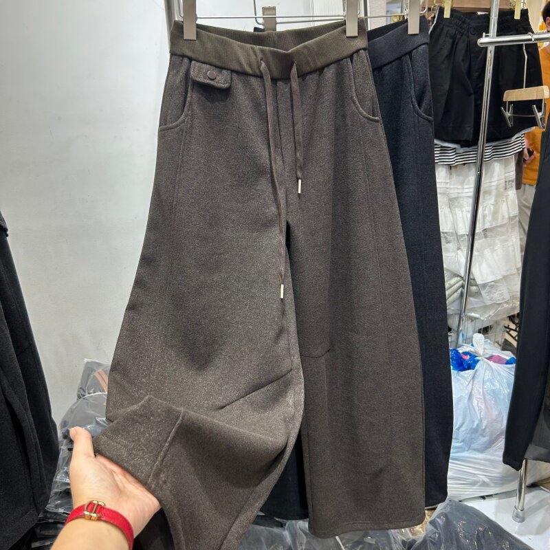 韩系松紧腰时尚弯刀阔腿裤女2026秋新款高腰抽绳呢料休闲裤子长裤