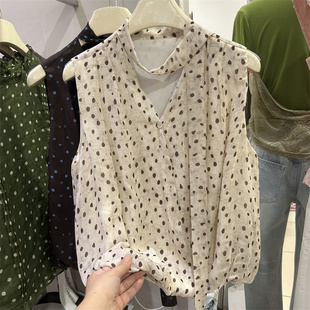 韩系飘带V领无袖宽松衬衫女复古洋气波点设计高级感百搭减龄上衣