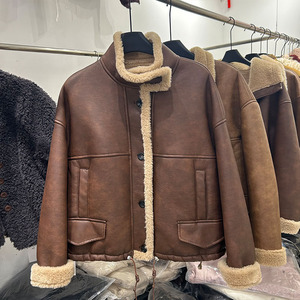 2024秋冬季新款韩版立领皮毛一体外套女羊羔毛抽绳宽松机车服上衣