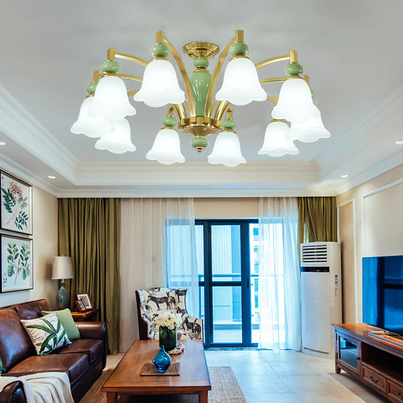 客厅吊灯美式简约乡村法式玻璃铜本色绿色陶瓷卧室房间餐厅吸吊灯