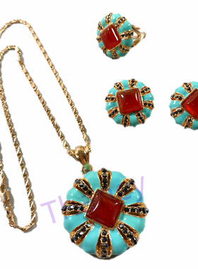 天然红玛瑙石镶嵌套装