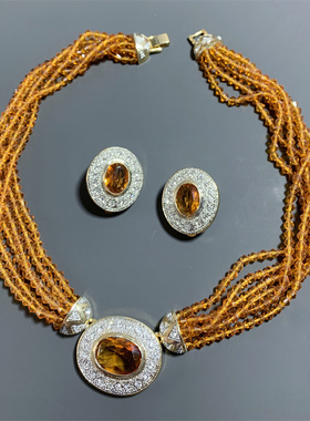 Vintage中古美拉德色系焦糖色切面琉璃水晶大颗粒耳夹多层项链套