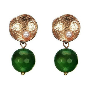 Thancy小众造型配饰 灵动优雅复古绿色切面玛瑙珍珠耳夹耳环