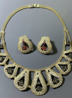 Vintage中古 复古夸张铜质豆豆编织宫廷风莱茵石项链耳钉套装